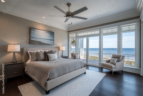 A luxury bedroom features a bed facing a beautiful ocean view