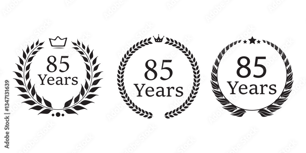 Obraz premium 85 years icon or logo set. 85th anniversary celebrating sign or stamp. Jubilee, birthday celebration design element. Vector illustration. 