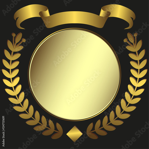 Vector round golden gradient frame with golden ribbon on black background