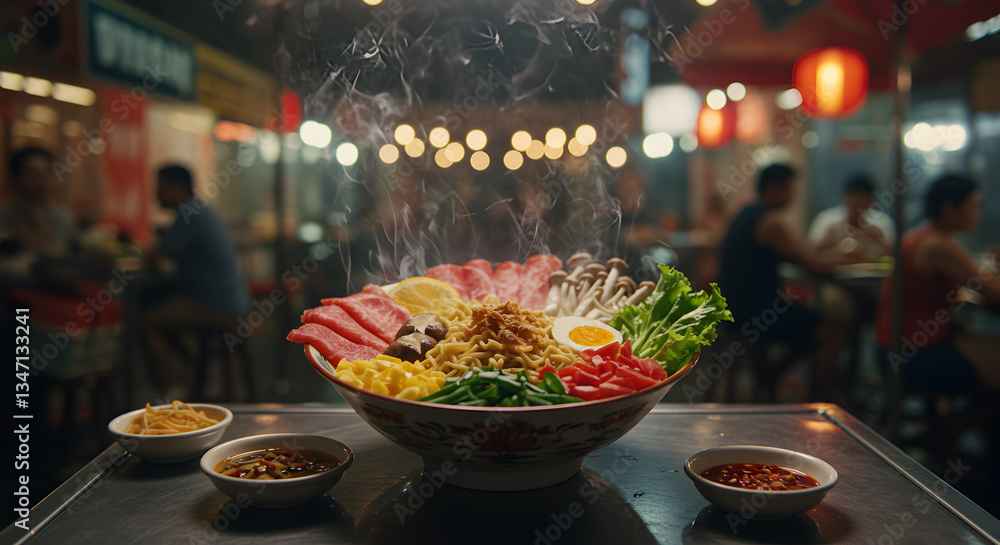 Fototapeta premium A steaming bowl of delicious and colorful ramen with various ingredients