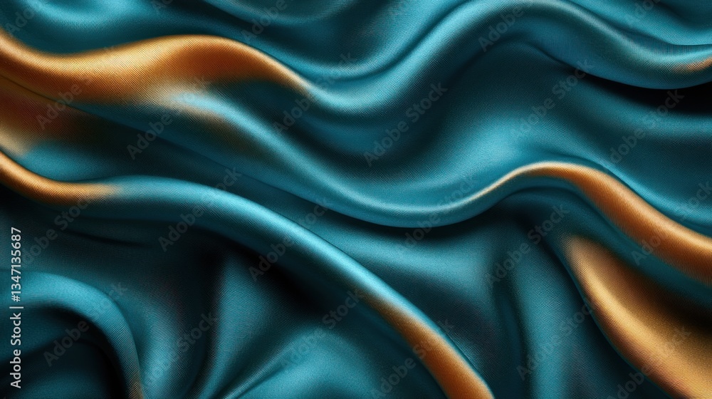 Obraz premium Teal and gold silk fabric with flowing, wavy texture.