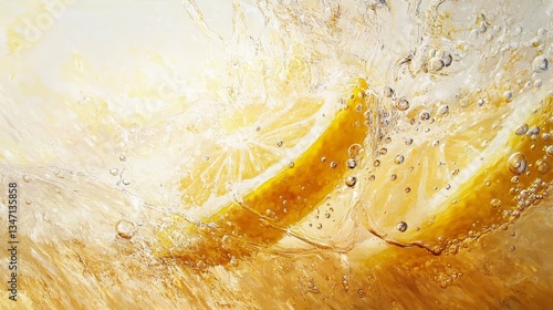 Lemon Splash Fresh Refreshing Drink with Citrus Fruit and Sparkling Bubbles in Cold Water Summer Vibe