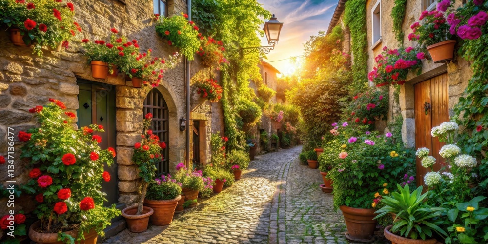 Fototapeta premium Sunlit cobblestone lane adorned with vibrant floral displays and charming stone buildings