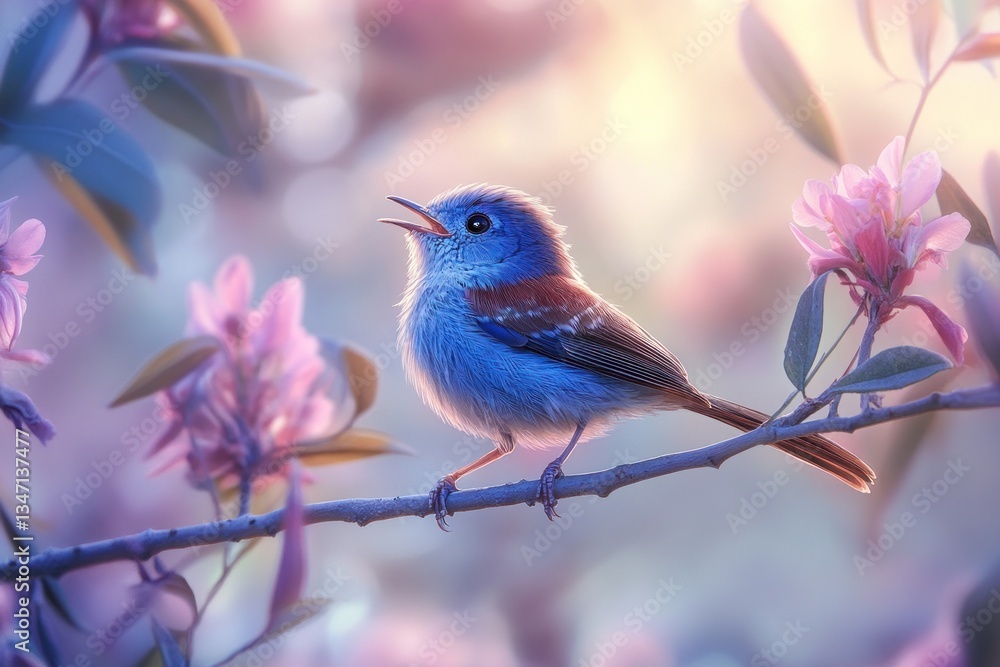 Singing bird perched on branch, spring blossoms, soft light. Use greeting card, nature poster Singing bird perched on branch, spring blossoms, soft light. Use greeting card, nature poster