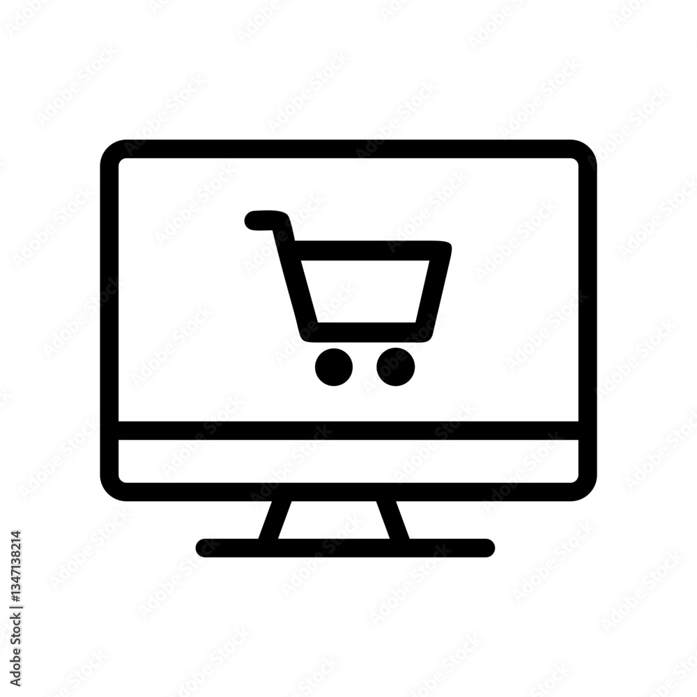 online shopping monitor icon with shopping cart display - flat stroke icon for apps and websites, ideal for e-commerce platforms, digital retail interfaces, purchasing solutions, and marketplace appli online shopping monitor icon with shopping cart display - flat stroke icon for apps and websites, ideal for e-commerce platforms, digital retail interfaces, purchasing solutions, and marketplace appli