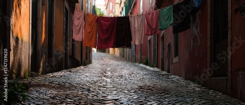 Colorful clothesline in narrow European alleyway