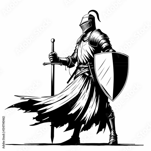 Black and white illustration of a medieval knight in full armor, holding a sword and shield, standing in a heroic pose with flowing cape