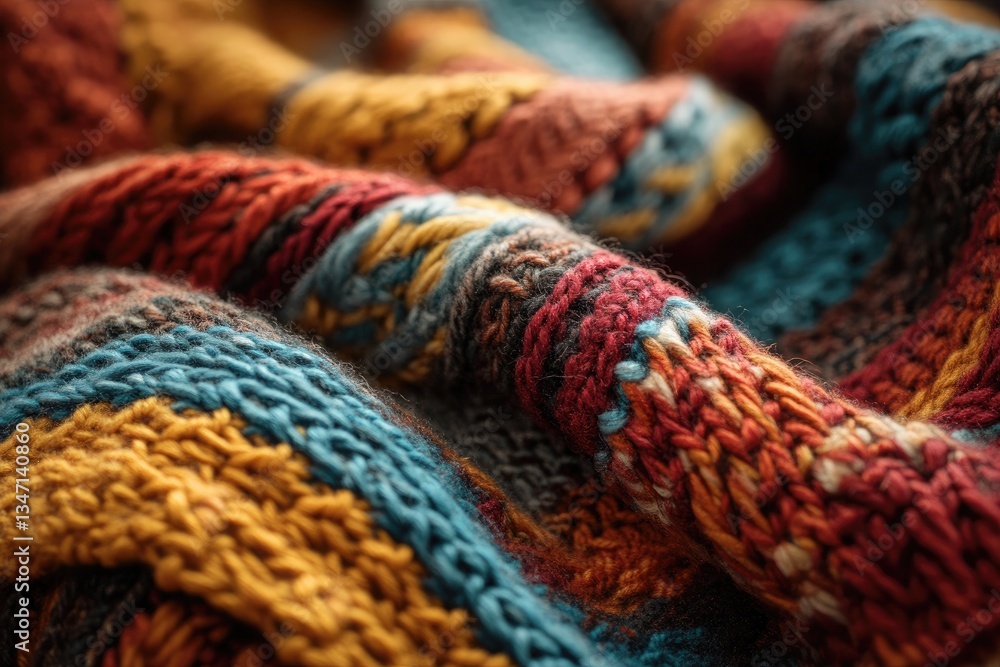 A close-up of a hand-knitted scarf with a unique pattern. A close-up of a hand-knitted scarf with a unique pattern.