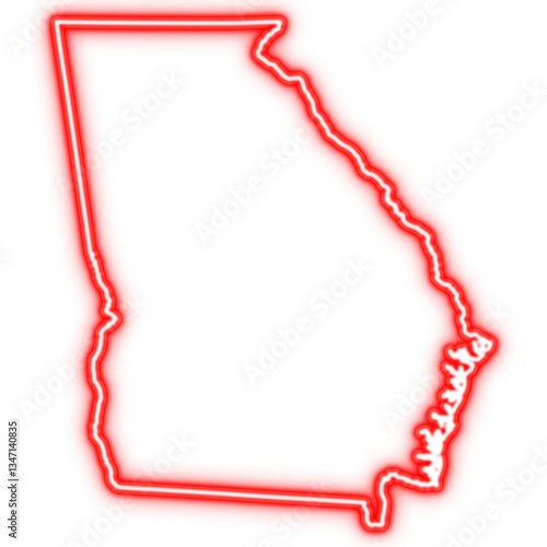 Neon red outline of Georgia state map on transparent background