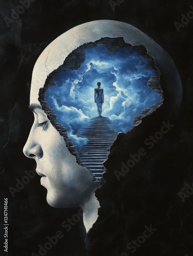 Surreal profile of human head with inner staircase leading to ethereal figure in clouds, introspective and dreamlike atmosphere, exploring consciousness and imagination, 
