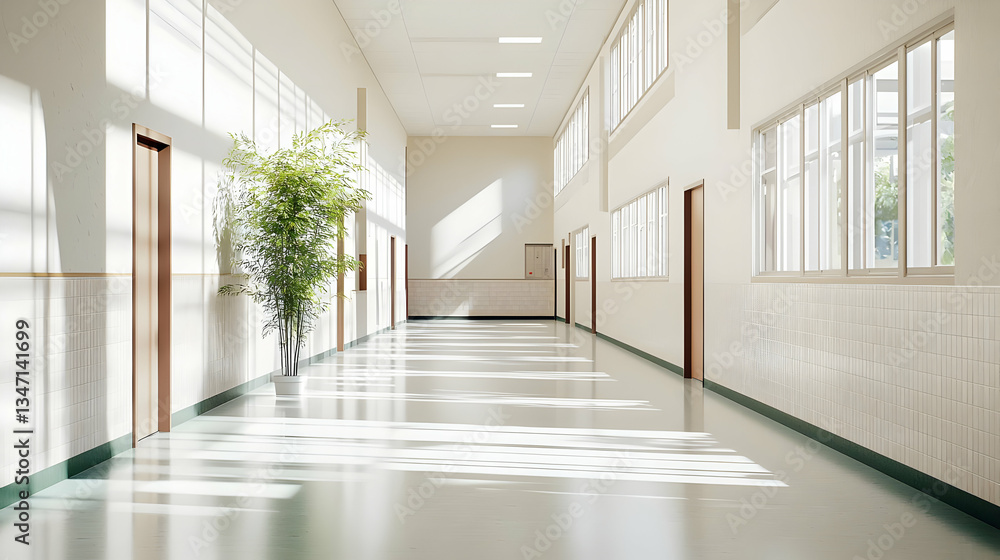 Empty Sunlit Corridor With Green Plant Empty Sunlit Corridor With Green Plant