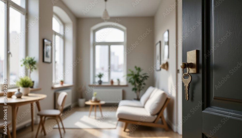A modern apartment door with sleek design features, showcasing a stylish key set against a backdrop of an open living space, with contemporary decor, natural light streaming in A modern apartment door with sleek design features, showcasing a stylish key set against a backdrop of an open living space, with contemporary decor, natural light streaming in