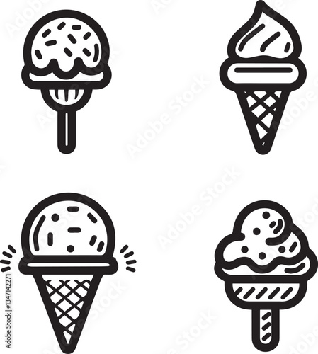 Set of ice cream cone icons, playful design representing sweetness and enjoyment