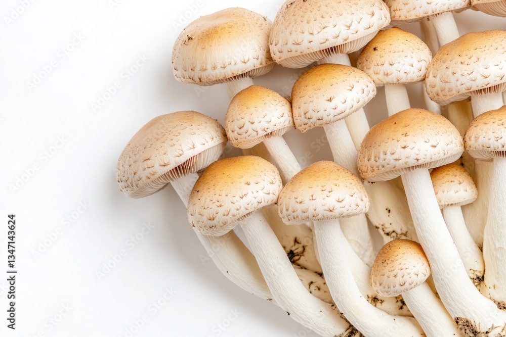 A cluster of small mushrooms in varying shades of beige and brown, arranged neatly on a white background, soft shadows, clean and elegant composition. A cluster of small mushrooms in varying shades of beige and brown, arranged neatly on a white background, soft shadows, clean and elegant composition.