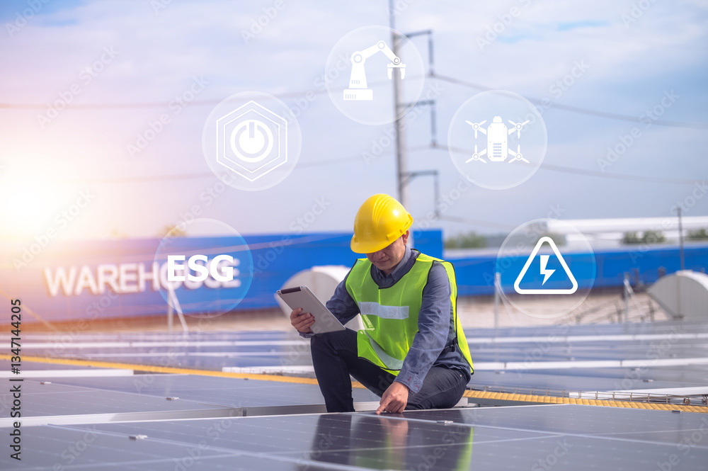 A solar energy engineer inspects photovoltaic panels using digital technology to drive a sustainable future with ESG standards.
