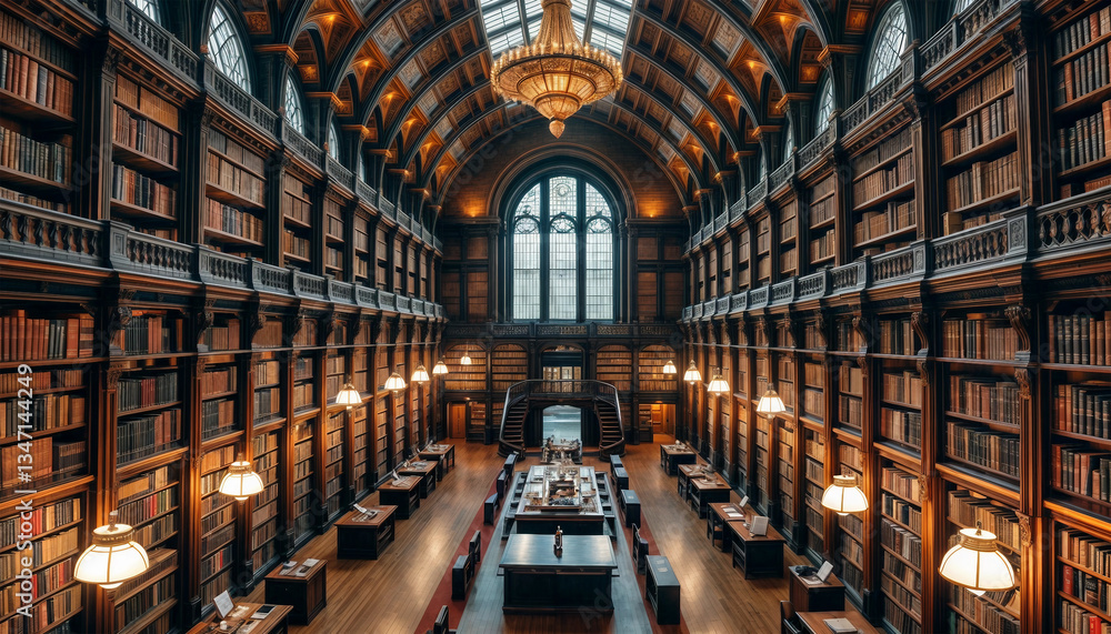 Fototapeta premium Huge ancient library. Large reading hall with books