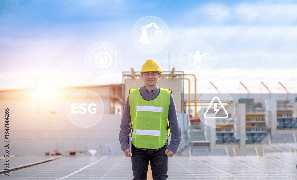 A solar energy engineer inspects photovoltaic panels using digital technology to drive a sustainable future with ESG standards.