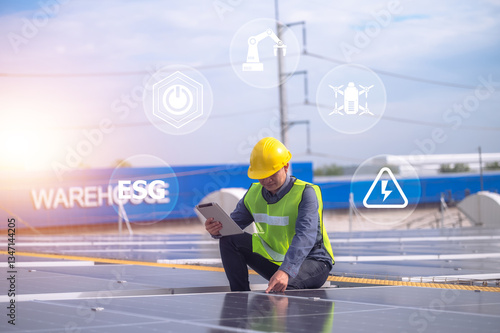 Obraz na płótnie A solar energy engineer inspects photovoltaic panels using digital technology to drive a sustainable future with ESG standards.