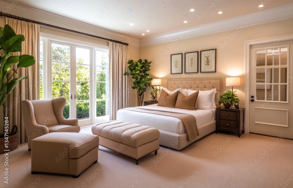 A luxurious and comfortable bedroom with open windows and natural light A luxurious and comfortable bedroom with open windows and natural light