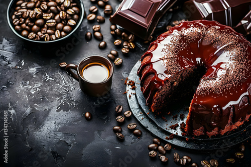 Obraz na płótnie Chocolate cake, coffee, beans, dark background, dessert w salonie