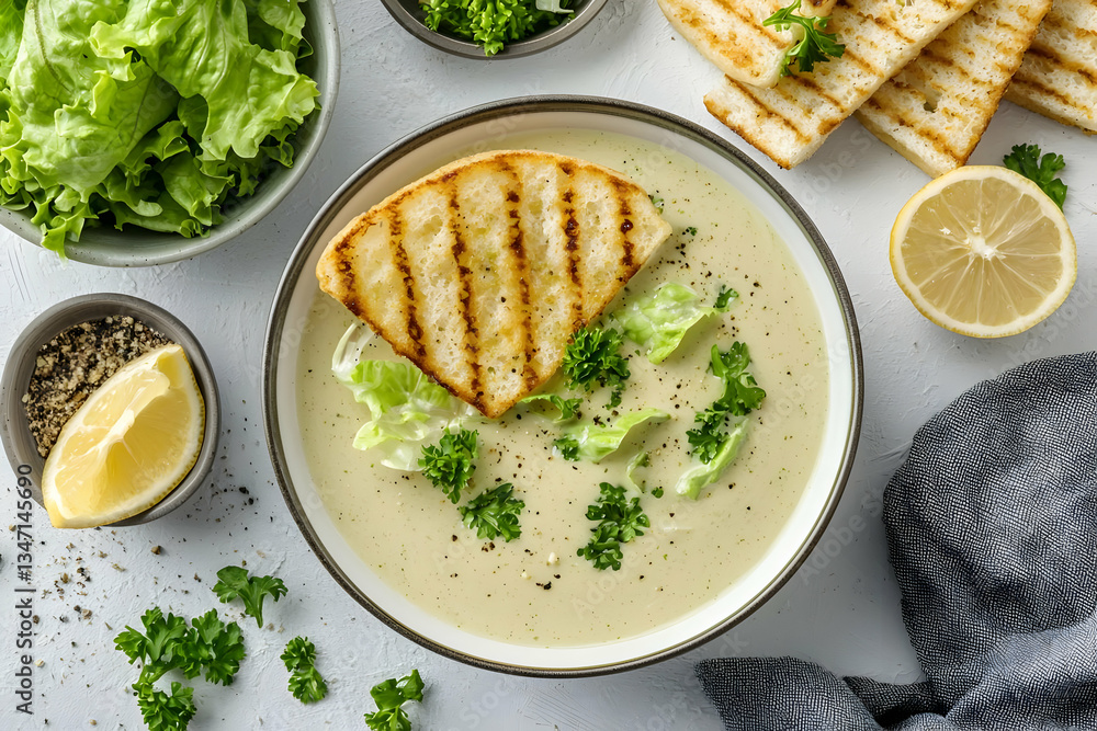 Creamy soup with grilled bread, lettuce, and lemon