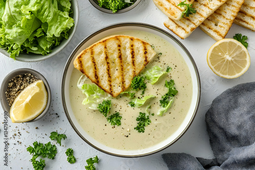 Obraz na płótnie Creamy soup with grilled bread, lettuce, and lemon w salonie