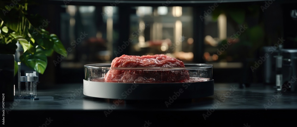 Lab-grown meat in petri dish, lab setting