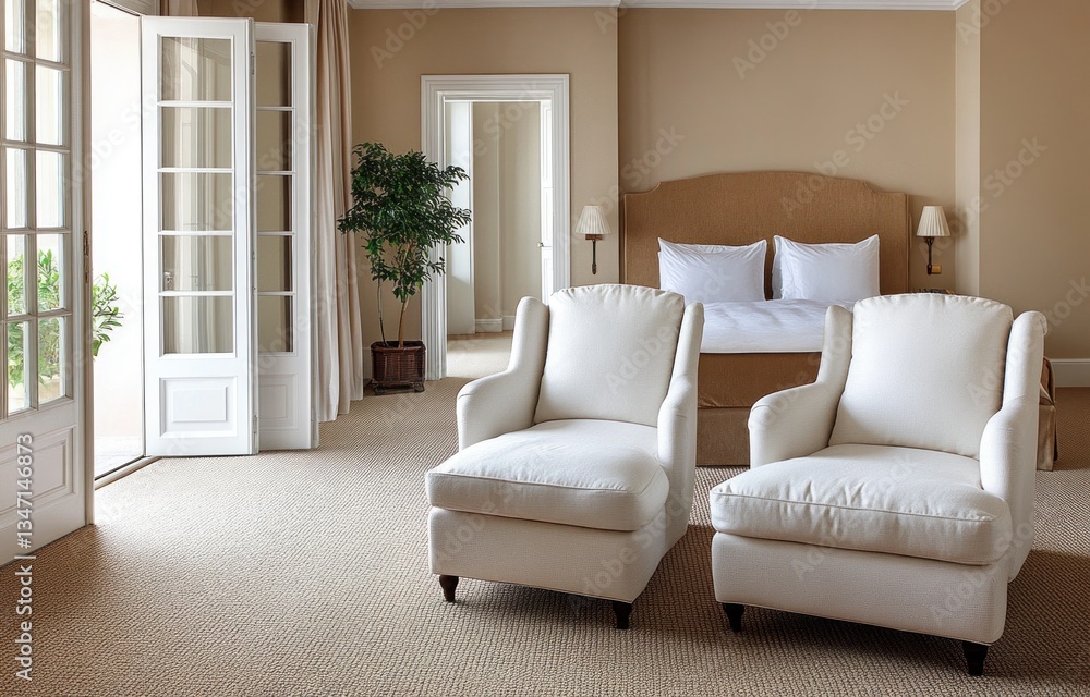 Two white armchairs facing a bed in a large room Two white armchairs facing a bed in a large room