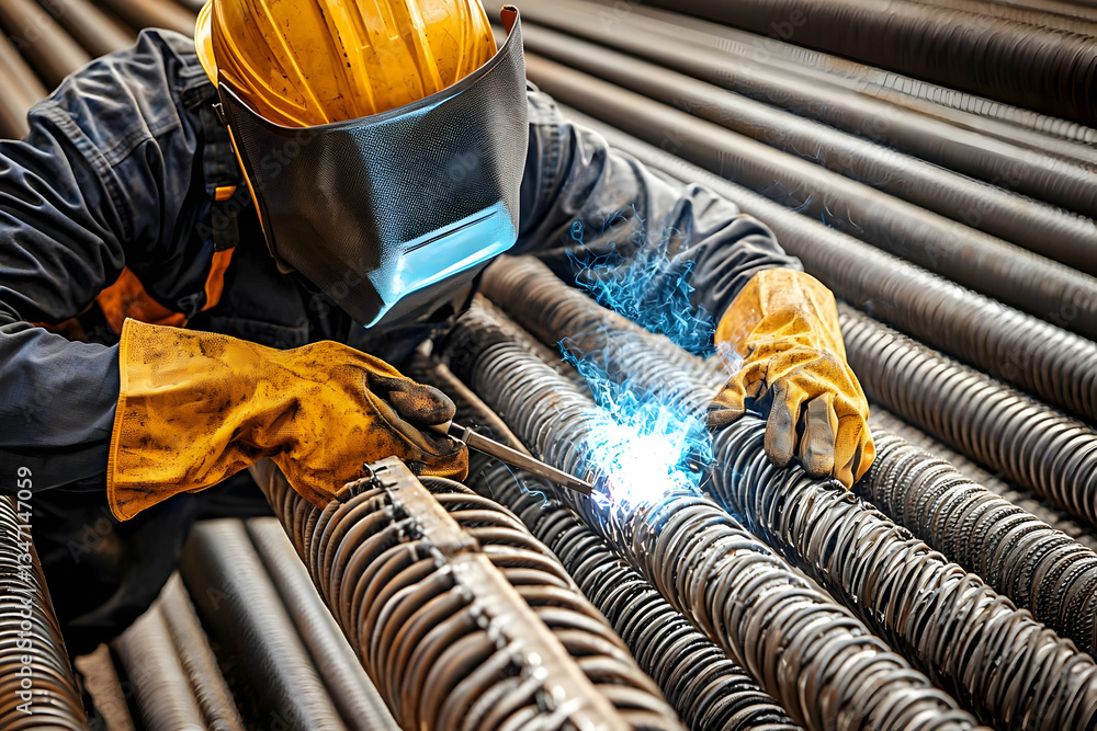 Welder repairs pipes in factory