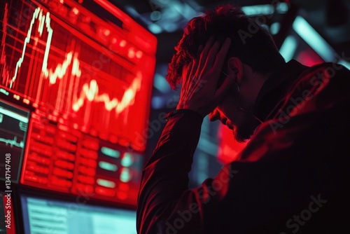 Stressed Stock Exchange Trader Can't Apprehend a Sudden Stock Market Collapse. Financial Crisis Concept with Stock Broker Saddened by Negative Ticker Information, Red Graphs and Real-Time Data