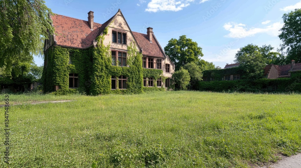 Abandoned house overgrown with ivy, sunny day, grassy yard Abandoned house overgrown with ivy, sunny day, grassy yard