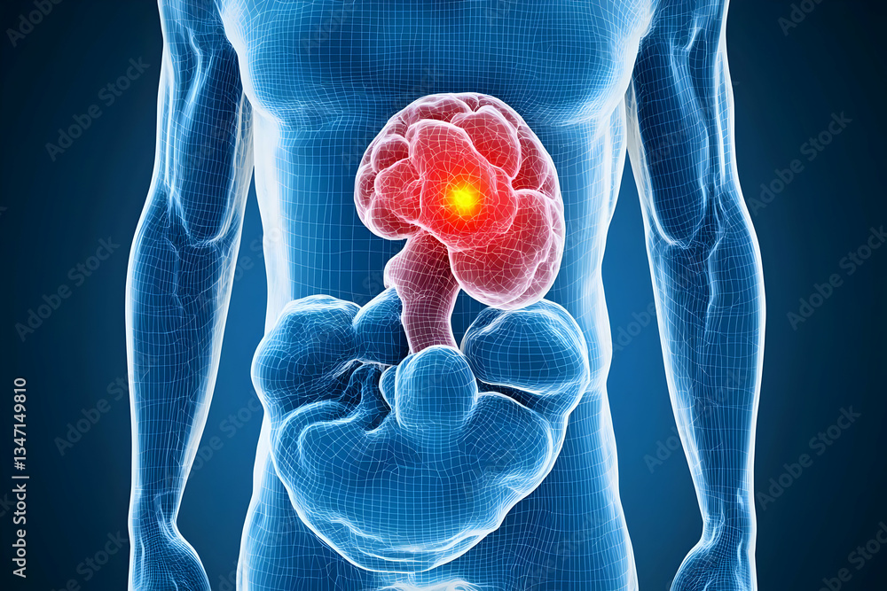 Human anatomy, brain, digestive system, 3D medical illustration, educational resource, medical reference, potential use for educational content