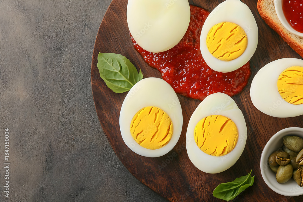 Delicious boiled eggs with sauce, olives, and bread