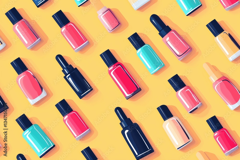 Colorful nail polish bottles arranged neatly on bright yellow background Colorful nail polish bottles arranged neatly on bright yellow background