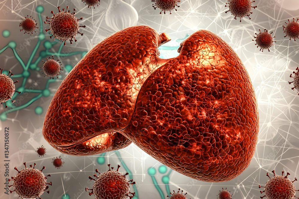 Infected lungs, virus attack, microscopic view, medical illustration