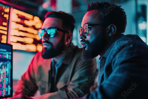 Two diverse crypto traders brokers stock exchange market investors discussing trading charts research reports growth using pc computer looking at screen analyzing invest strategy, financial risks.