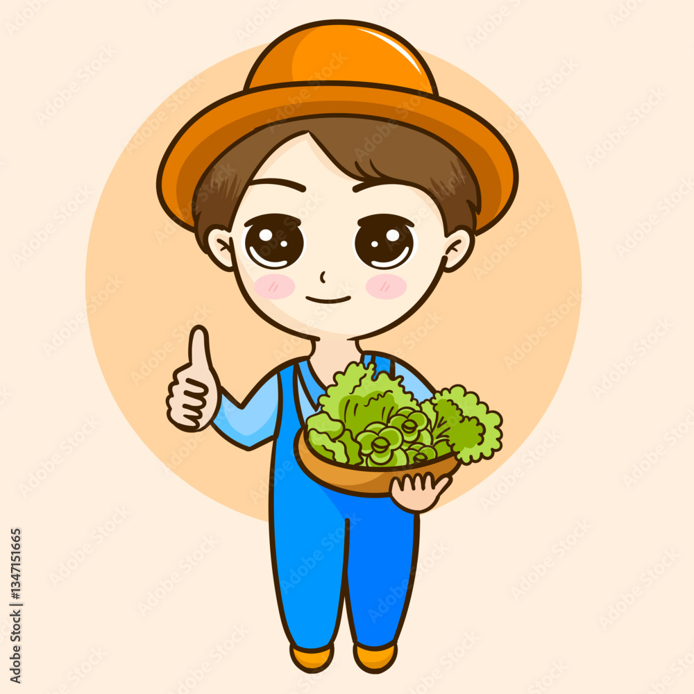 Cartoon of a man holding vegetables and wearing a hat