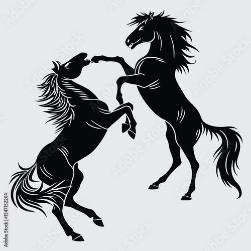Two wild horses kicking each other image silhouette design vector art and illustration
