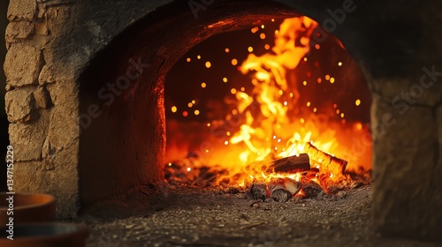A traditional kiln with an open fire and glowing embers