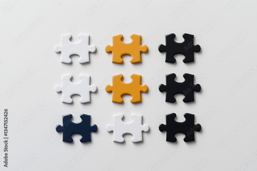 Obraz premium Colorful puzzle pieces arranged in grid pattern on plain surface
