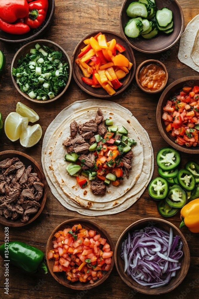 Top-down view of a homemade taco station Top-down view of a homemade taco station