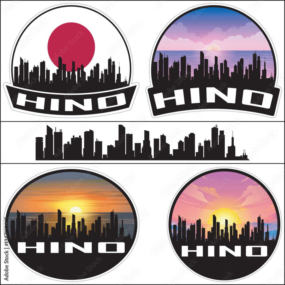 Fototapeta premium Hino Japan Flag Skyline Cityscape Silhouette Travel Souvenir Sticker Isolated Vector