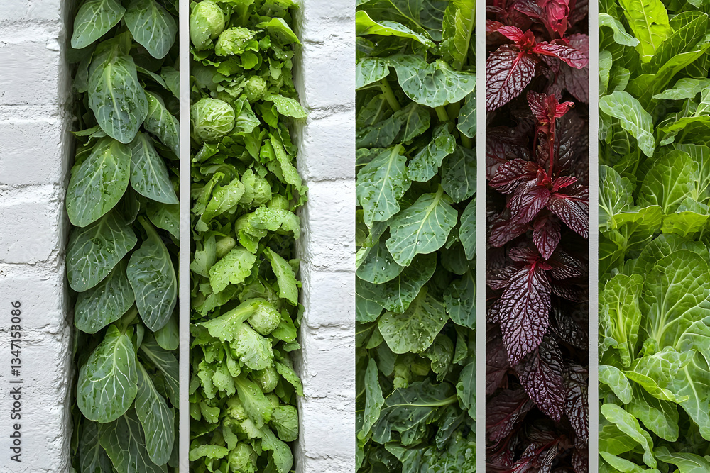 Vertical garden wall with various leafy vegetables