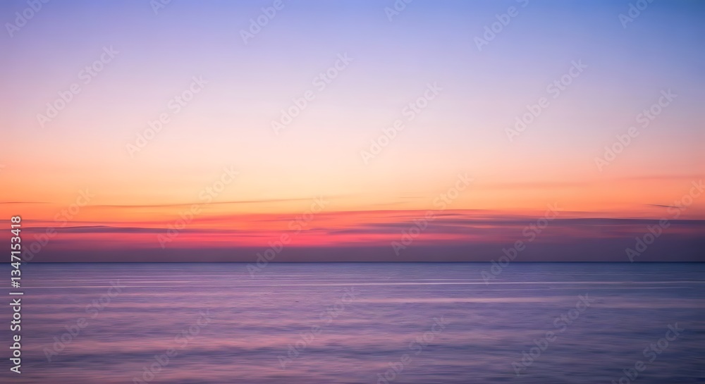 Fototapeta premium Soft pink and purple hues blending into the horizon as the sun rises over a calm ocean, AI Generated
