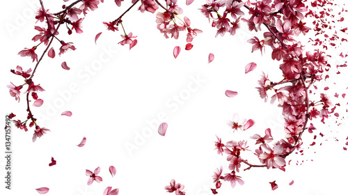 Cherry blossoms and petals falling in the shape of a circle isolated on a transparent background, detailed photo, png 