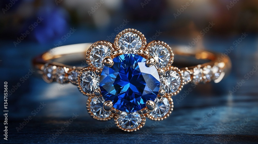 Fototapeta premium Blue sapphire and diamond floral ring on dark blue background.