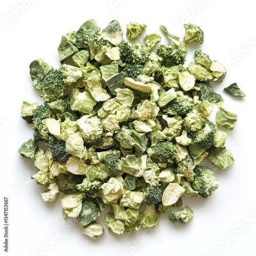 Frozen Broccoli Pieces, Isolated on White Background, Ready for Cooking photo