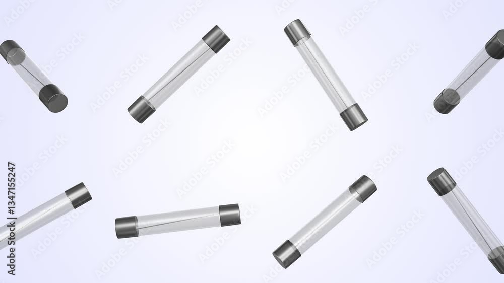 Glass Cartridge Fuses Falling on a Light Blue Background. Stylized Glass Fuses. 4K Glass Cartridge Fuses Falling on a Light Blue Background. Stylized Glass Fuses. 4K
