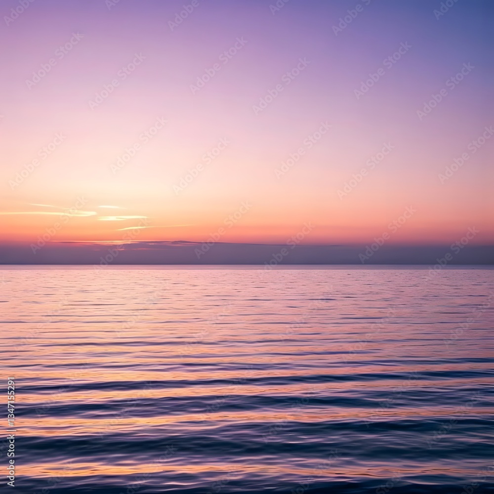 Fototapeta premium Soft pink and purple hues blending into the horizon as the sun rises over a calm ocean, AI Generated