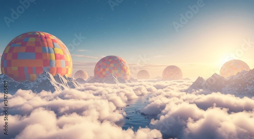 穏やかな朝陽輝く、パッチワーク風熱気球群の壮大な雲海風景